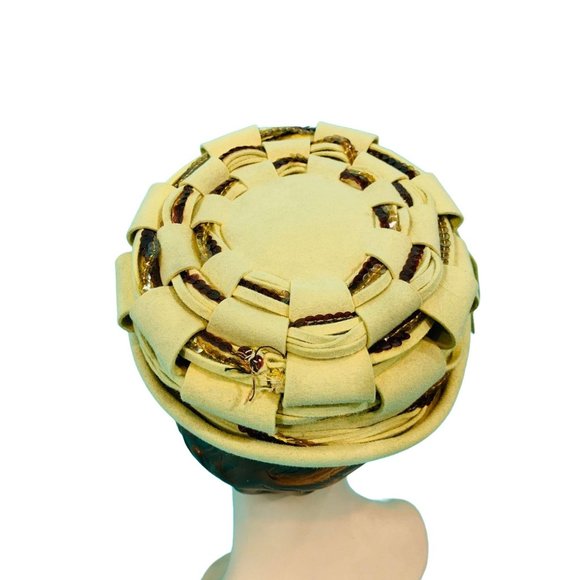 Vintage 1950s Sequin Beret Hat Tan Round Cap - Picture 2 of 10